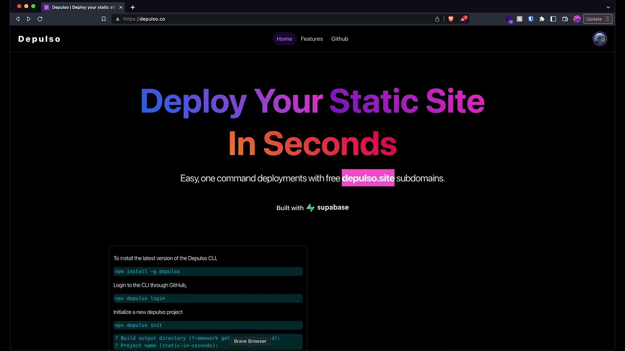 Depulso website showing its static-site deployment workflow and CLI commands