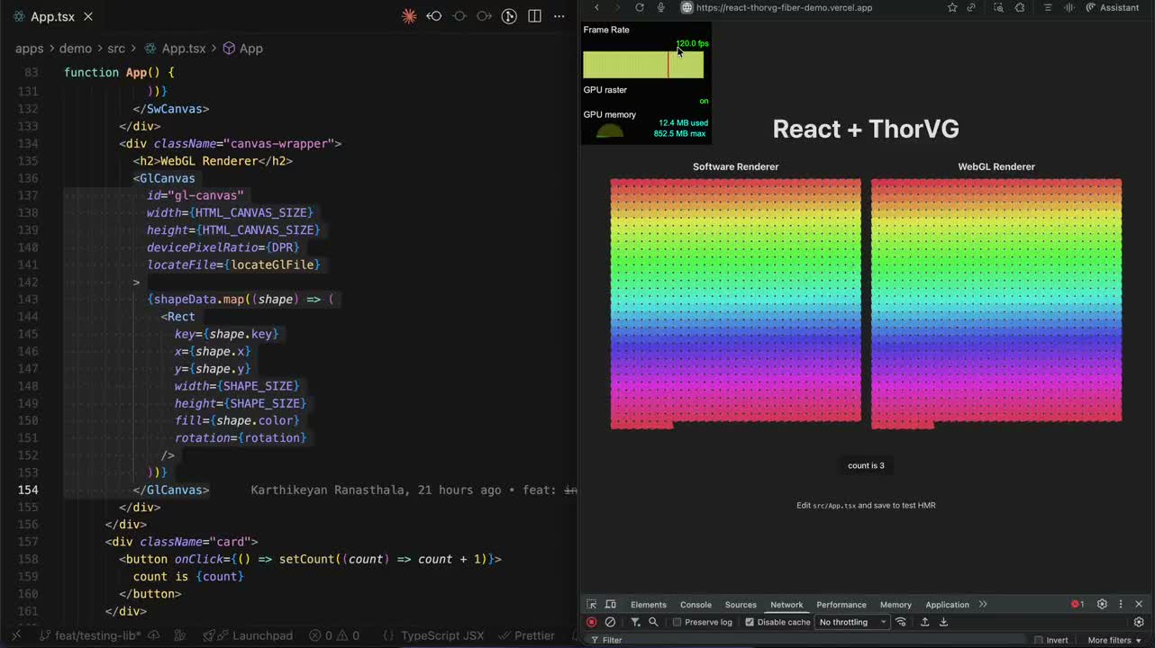 React ThorVG Fiber software and WebGL renderers displaying the same retained scene