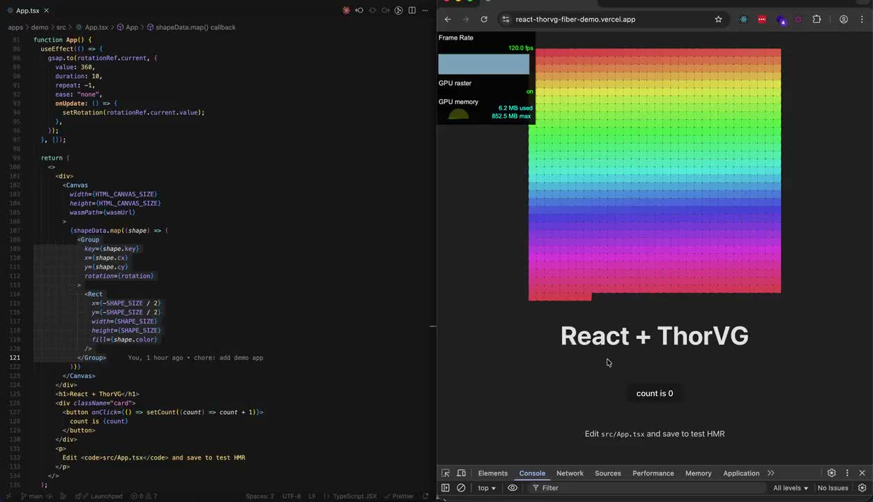 React ThorVG Fiber rendering one thousand animated rectangles beside its React source