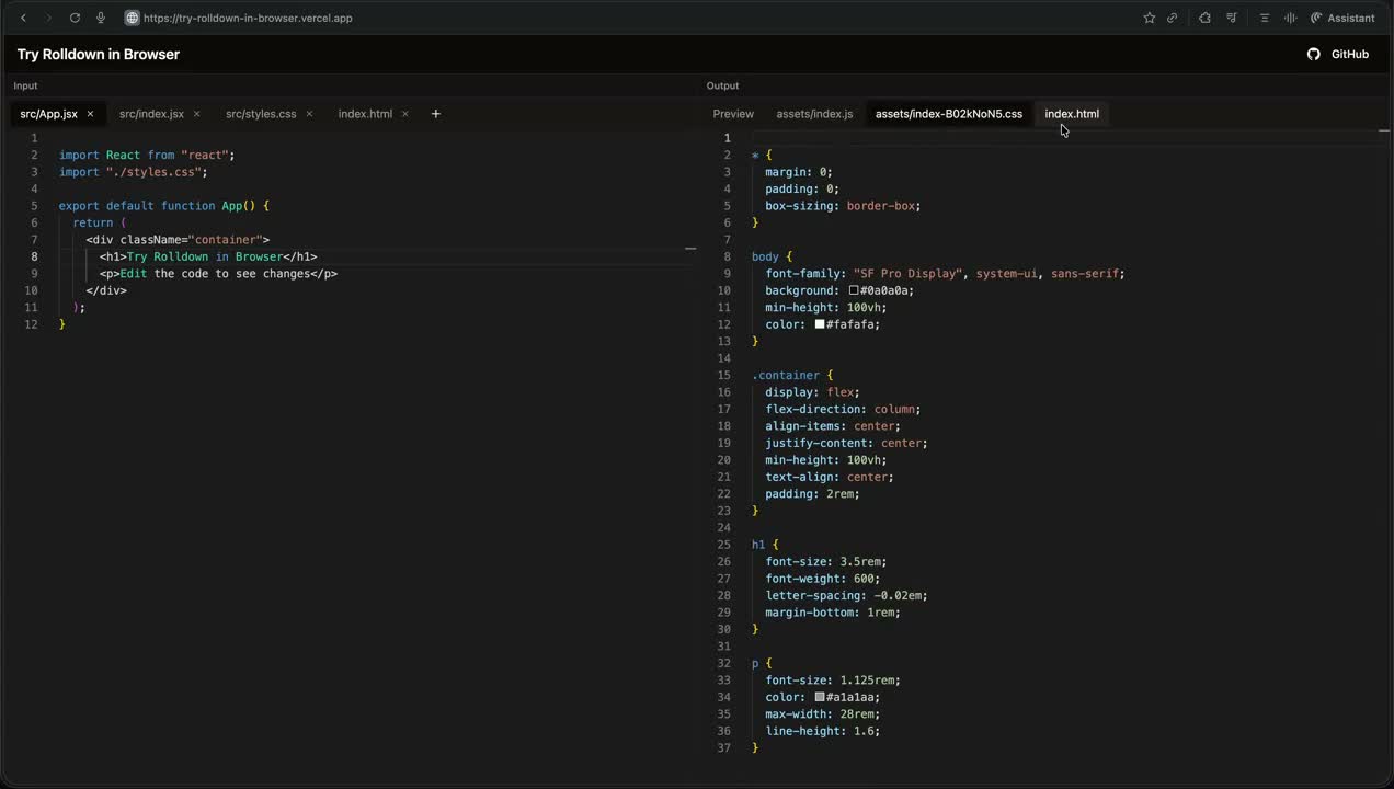 Try Rolldown in Browser showing generated CSS output beside source files