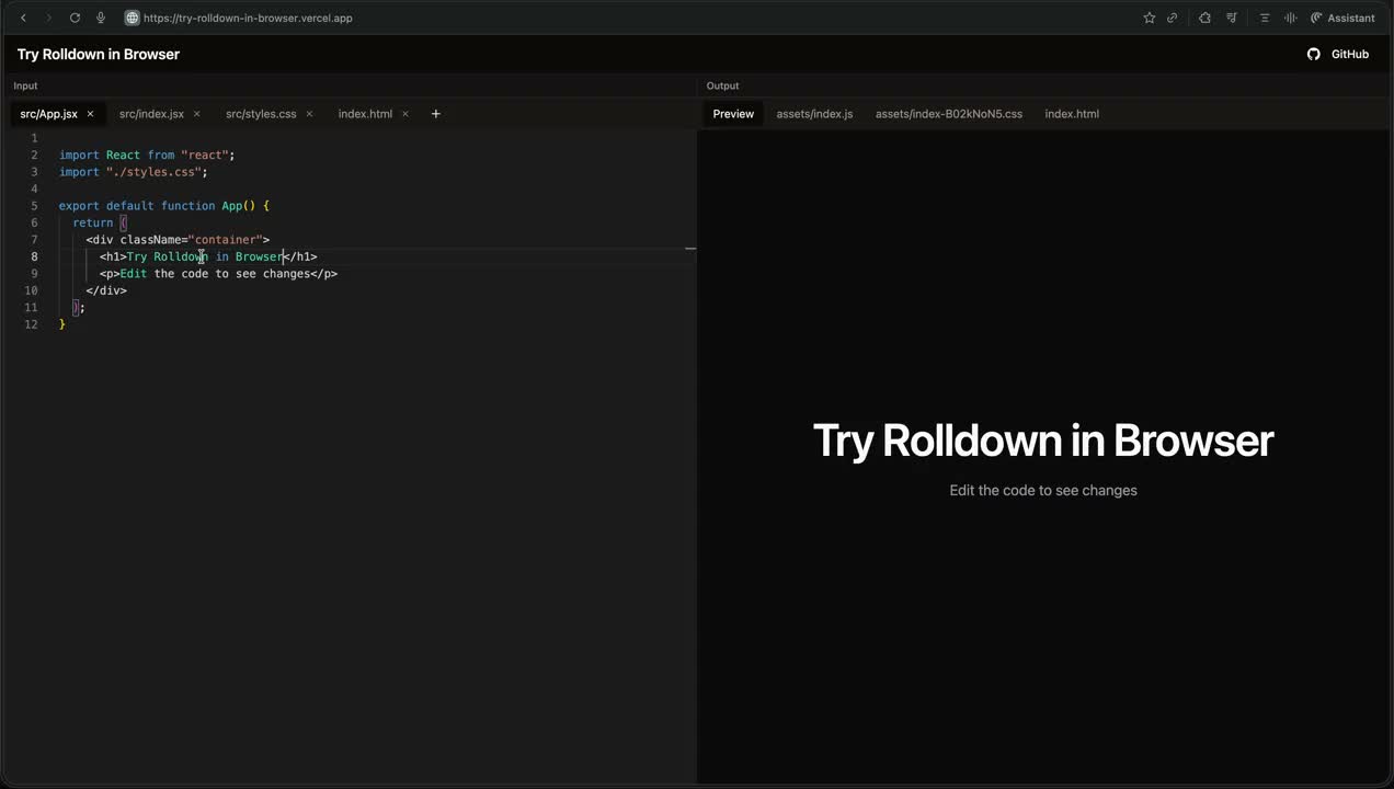 Try Rolldown in Browser with React source beside a live iframe preview